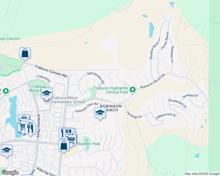 map of restaurants, bars, coffee shops, grocery stores, and more near 32171 Mill Stream Road in Trabuco Canyon