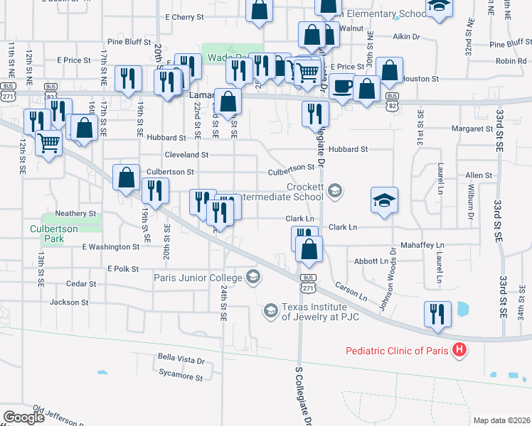 map of restaurants, bars, coffee shops, grocery stores, and more near 2535 Clark Lane in Paris