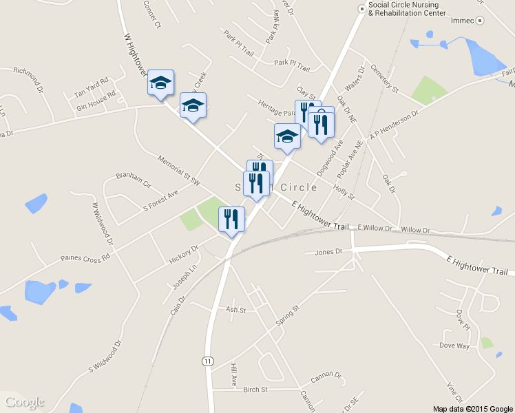 map of restaurants, bars, coffee shops, grocery stores, and more near 157 South Cherokee Road in Social Circle