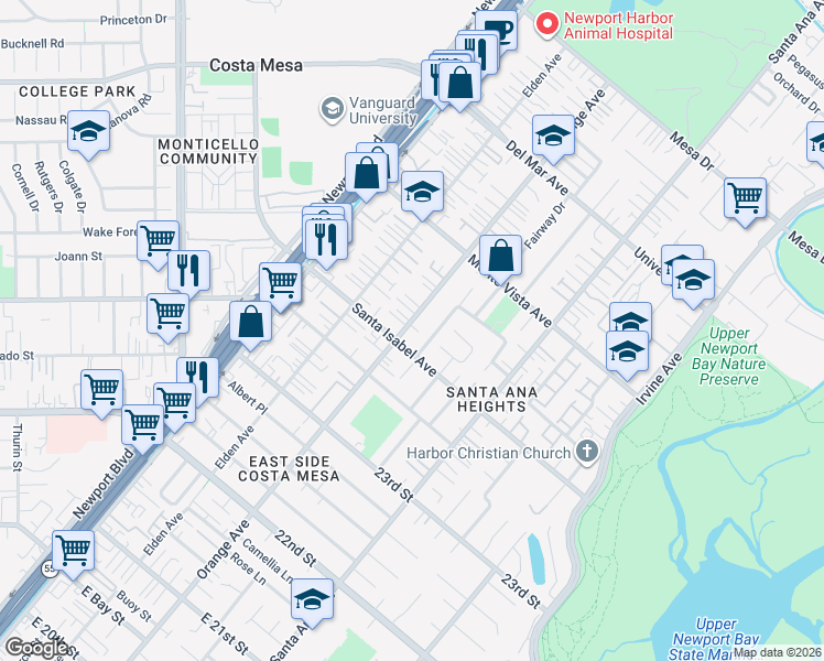 map of restaurants, bars, coffee shops, grocery stores, and more near 2412 Orange Avenue in Costa Mesa