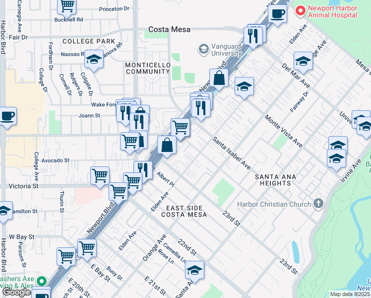 map of restaurants, bars, coffee shops, grocery stores, and more near 117 East Wilson Street in Costa Mesa