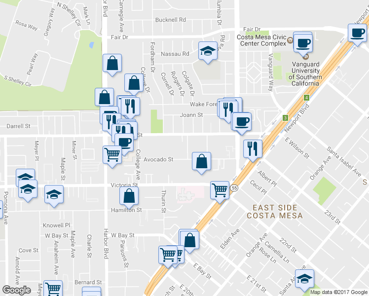 map of restaurants, bars, coffee shops, grocery stores, and more near 2223 Rutgers Drive in Costa Mesa
