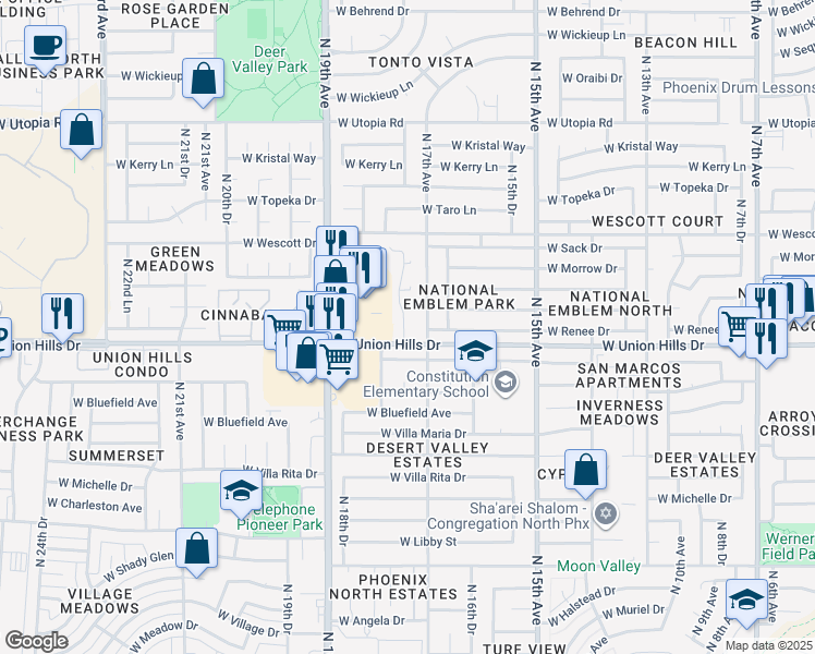 map of restaurants, bars, coffee shops, grocery stores, and more near 1750 West Union Hills Drive in Phoenix