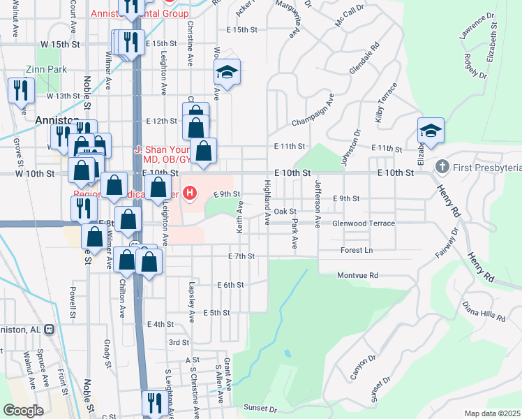 map of restaurants, bars, coffee shops, grocery stores, and more near 721 Oak Street in Anniston
