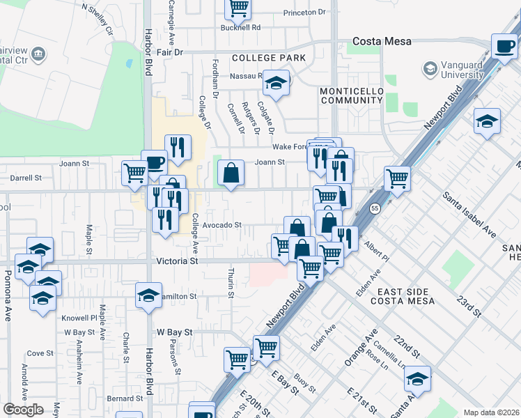 map of restaurants, bars, coffee shops, grocery stores, and more near 2223 Rutgers Drive in Costa Mesa