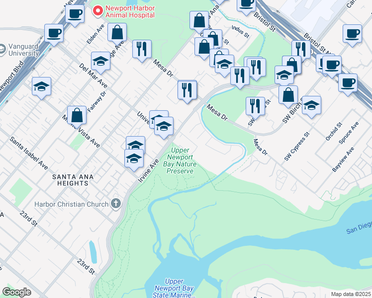 map of restaurants, bars, coffee shops, grocery stores, and more near 2420 University Drive in Newport Beach