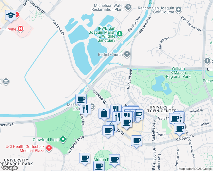 map of restaurants, bars, coffee shops, grocery stores, and more near 2 Stanford in Irvine