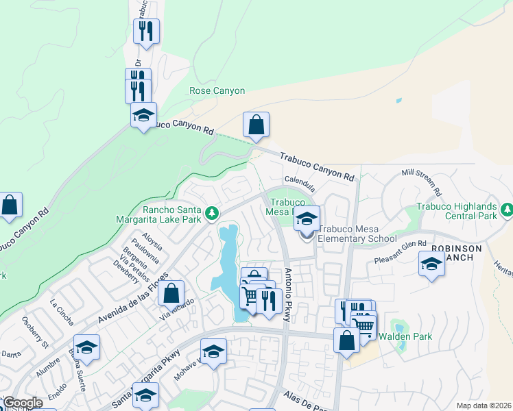 map of restaurants, bars, coffee shops, grocery stores, and more near 7 Calle Katrina in Rancho Santa Margarita