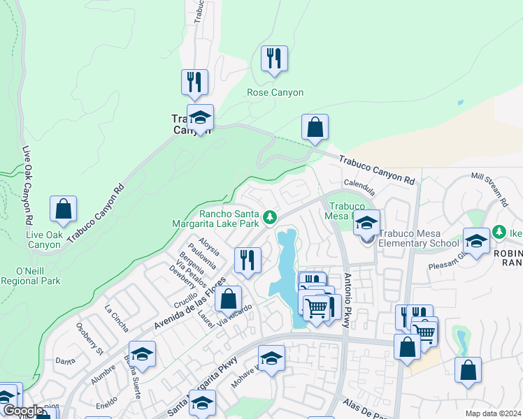 map of restaurants, bars, coffee shops, grocery stores, and more near 54 Dianthus in Rancho Santa Margarita