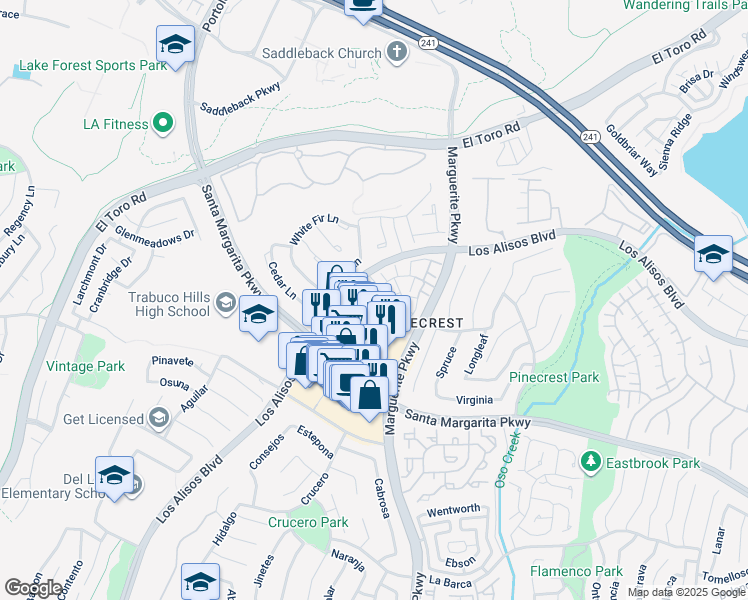 map of restaurants, bars, coffee shops, grocery stores, and more near 27825 Hazel in Mission Viejo