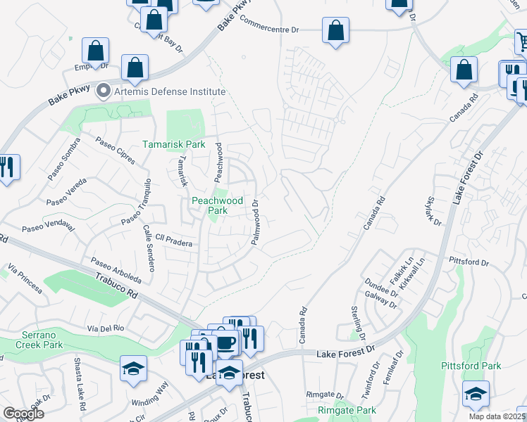 map of restaurants, bars, coffee shops, grocery stores, and more near 21204 Camelia in Lake Forest