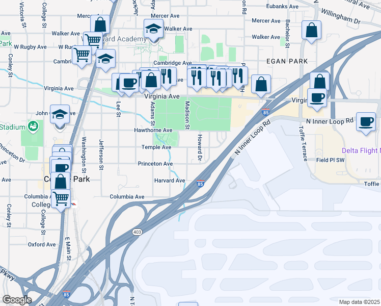 map of restaurants, bars, coffee shops, grocery stores, and more near 3658 Madison Street in College Park