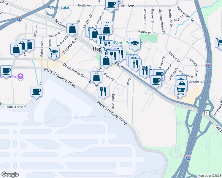 map of restaurants, bars, coffee shops, grocery stores, and more near 3643 Georgia Avenue in Hapeville