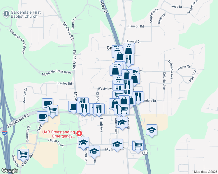 map of restaurants, bars, coffee shops, grocery stores, and more near 319 Day Street in Gardendale