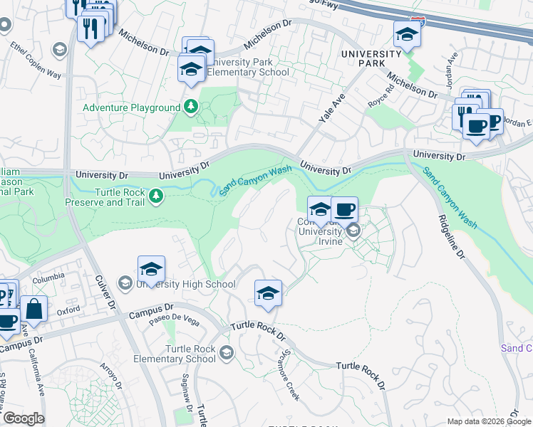 map of restaurants, bars, coffee shops, grocery stores, and more near 21 Valley View in Irvine