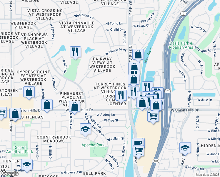 map of restaurants, bars, coffee shops, grocery stores, and more near 18729 North 84th Drive in Peoria
