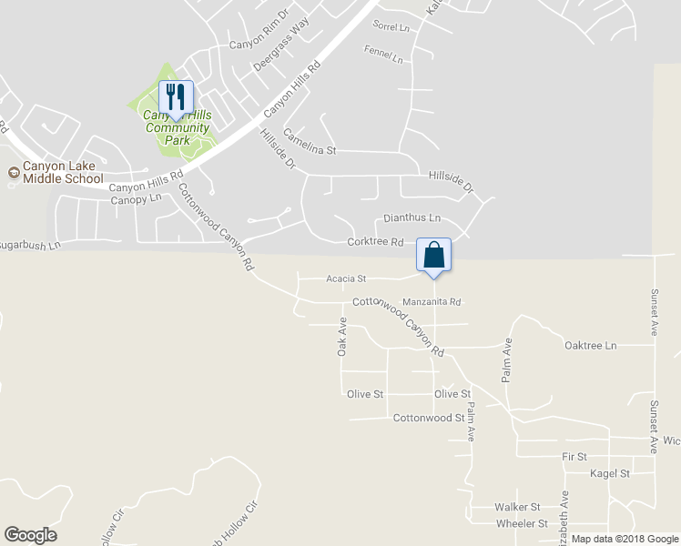map of restaurants, bars, coffee shops, grocery stores, and more near 24120 Acacia Street in Menifee