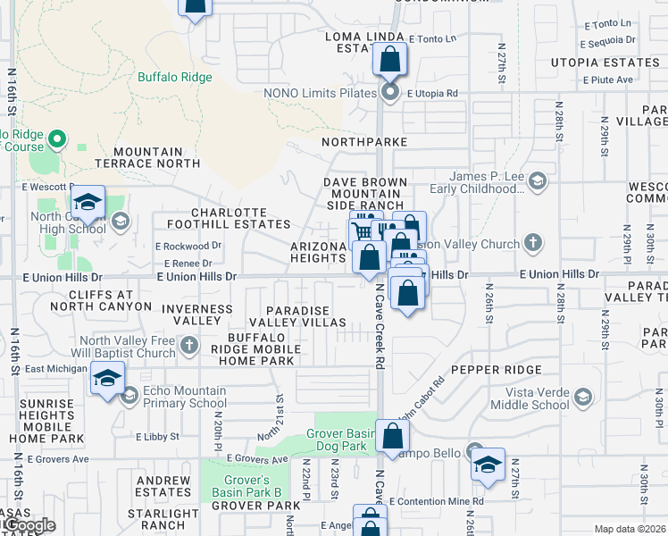 map of restaurants, bars, coffee shops, grocery stores, and more near Arizona Heights Circle in Phoenix