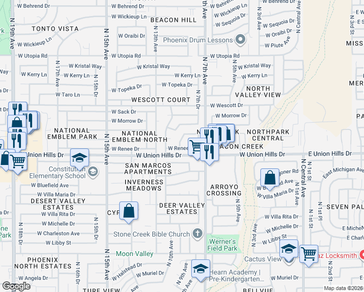 map of restaurants, bars, coffee shops, grocery stores, and more near 18626 North 9th Avenue in Phoenix