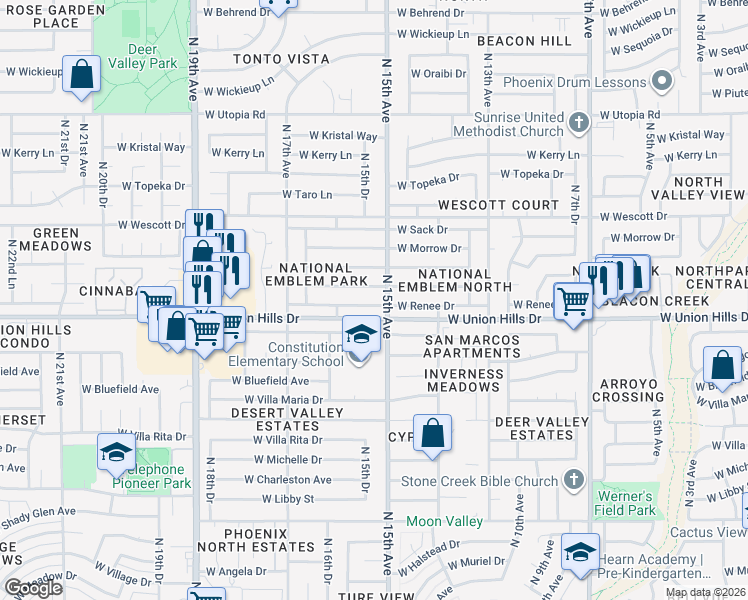 map of restaurants, bars, coffee shops, grocery stores, and more near 1507 West Rockwood Drive in Phoenix