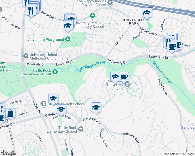 map of restaurants, bars, coffee shops, grocery stores, and more near 21 Valley View in Irvine
