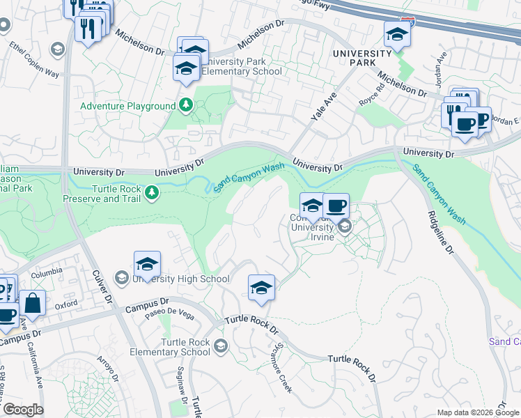map of restaurants, bars, coffee shops, grocery stores, and more near 21 Valley View in Irvine