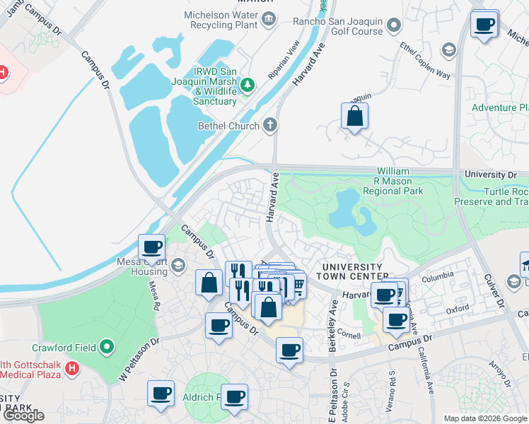 map of restaurants, bars, coffee shops, grocery stores, and more near 273 Stanford Court in Irvine