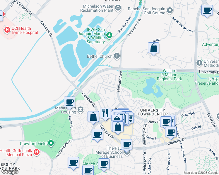 map of restaurants, bars, coffee shops, grocery stores, and more near 273 Stanford Court in Irvine