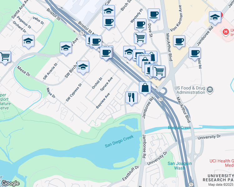 map of restaurants, bars, coffee shops, grocery stores, and more near 4 Baycrest Court in Newport Beach