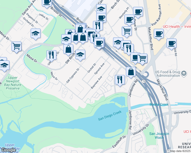 map of restaurants, bars, coffee shops, grocery stores, and more near 20241 Spruce Avenue in Newport Beach