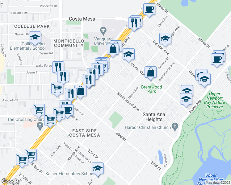 map of restaurants, bars, coffee shops, grocery stores, and more near 178 Santa Isabel Avenue in Costa Mesa