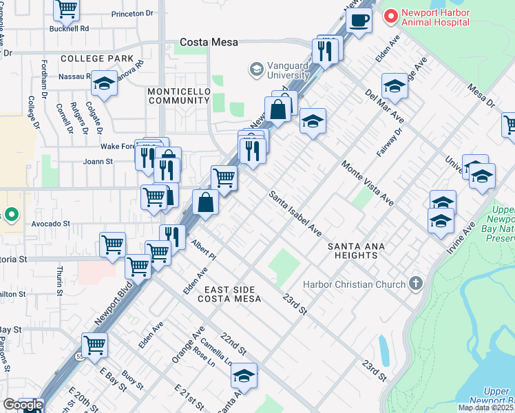 map of restaurants, bars, coffee shops, grocery stores, and more near 151 Georgeanne Place in Costa Mesa