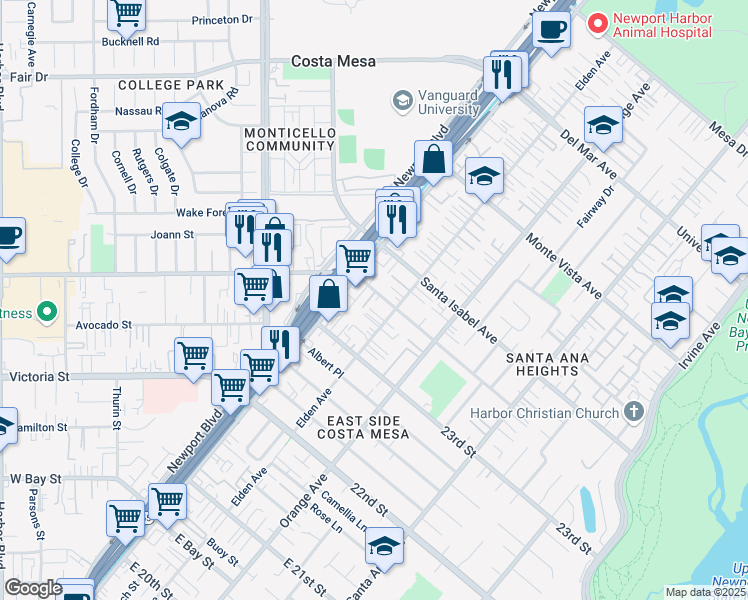 map of restaurants, bars, coffee shops, grocery stores, and more near 125 East Wilson Street in Costa Mesa