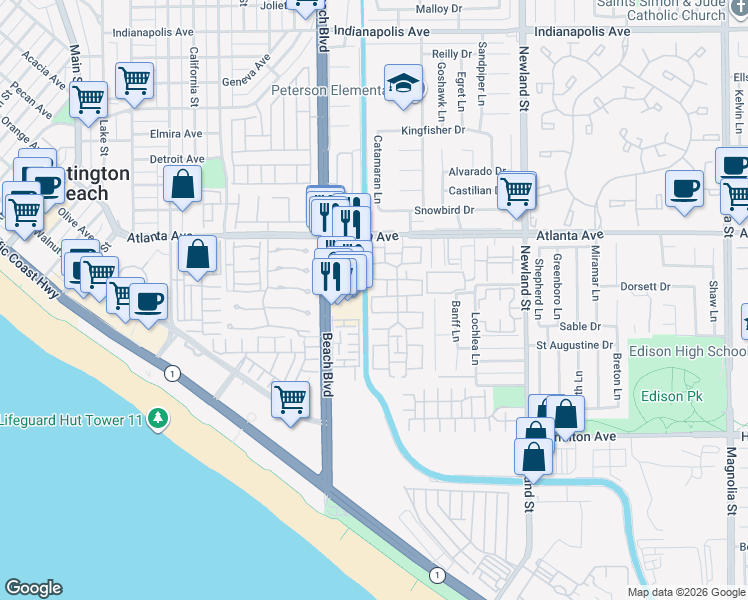 map of restaurants, bars, coffee shops, grocery stores, and more near 21136 Ashburton Lane in Huntington Beach