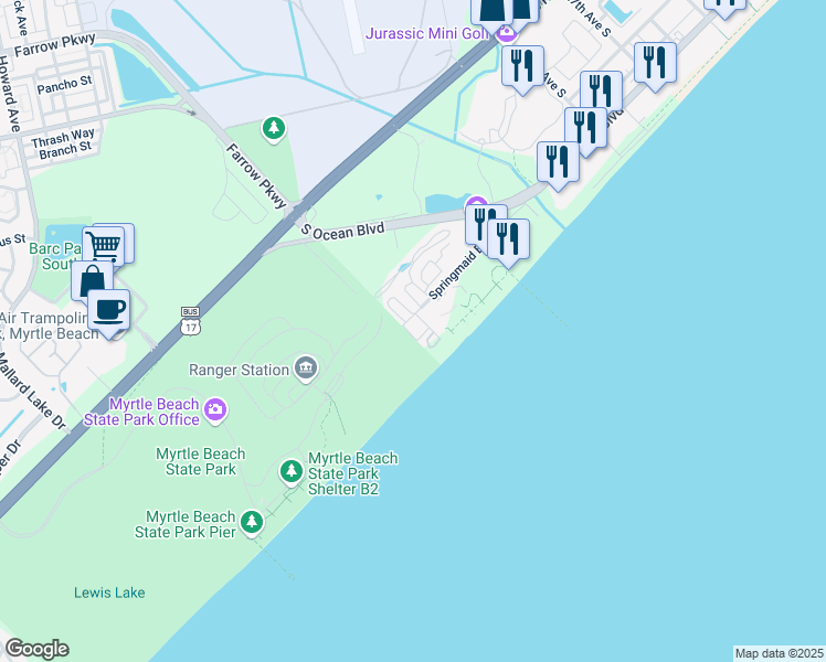 map of restaurants, bars, coffee shops, grocery stores, and more near 3216 Davis Street in Myrtle Beach
