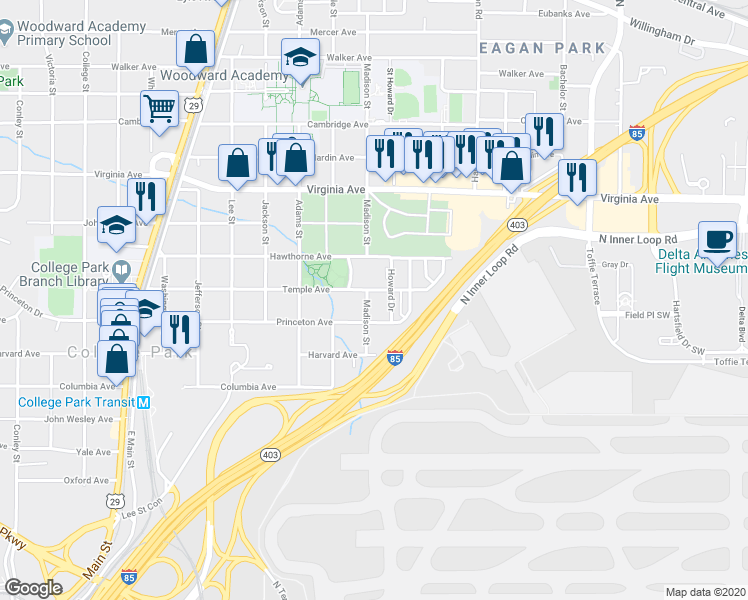 map of restaurants, bars, coffee shops, grocery stores, and more near 3658 Madison Street in College Park