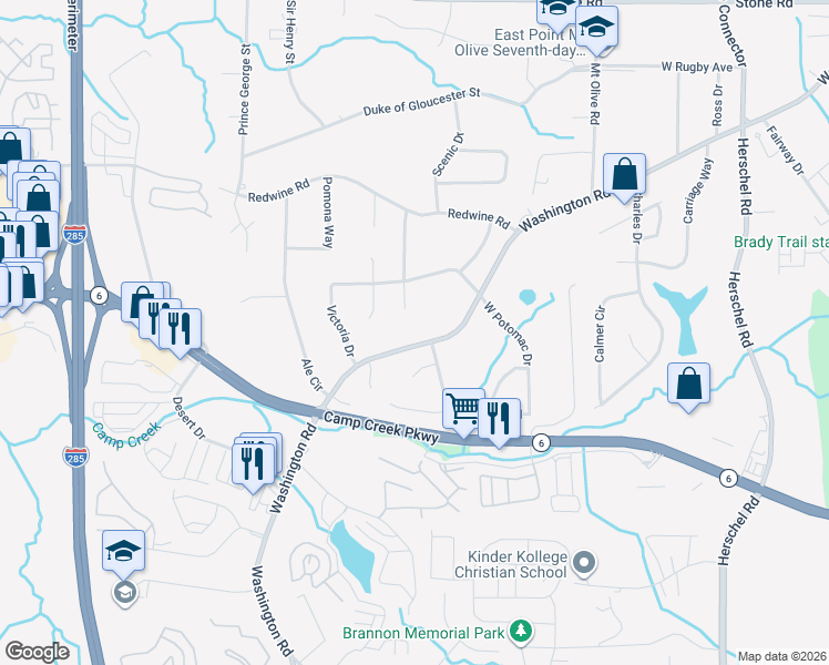 map of restaurants, bars, coffee shops, grocery stores, and more near in East Point