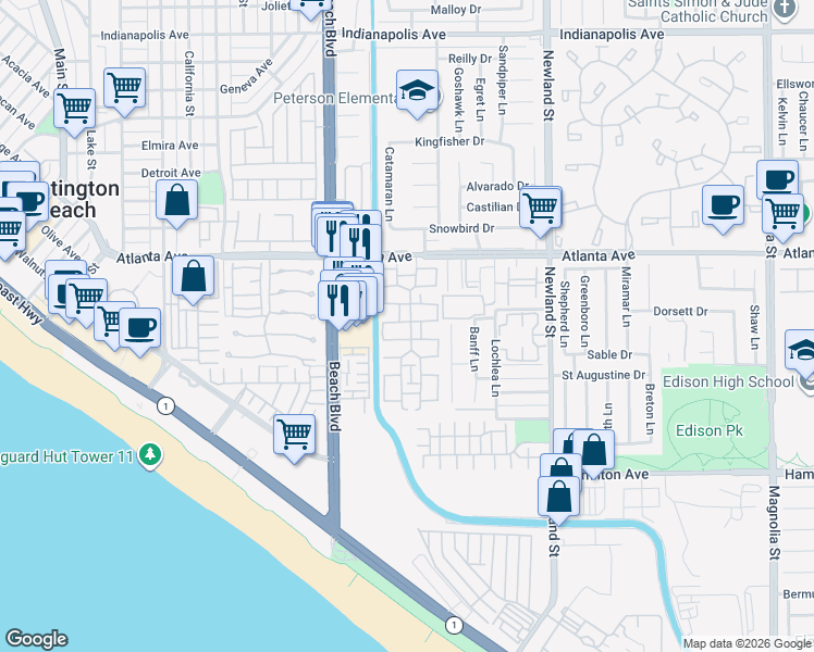 map of restaurants, bars, coffee shops, grocery stores, and more near 8162 Eastport Drive in Huntington Beach