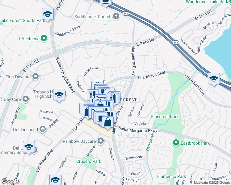 map of restaurants, bars, coffee shops, grocery stores, and more near 27825 Hazel in Mission Viejo