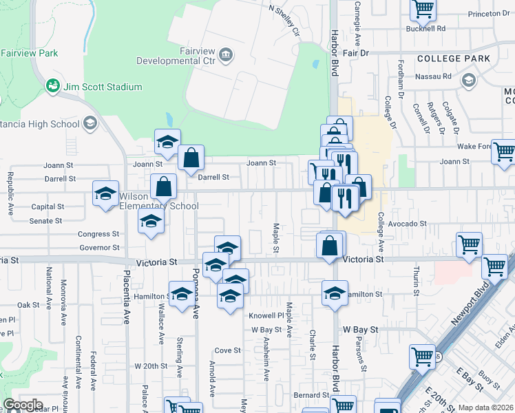map of restaurants, bars, coffee shops, grocery stores, and more near 2229 Anaheim Avenue in Costa Mesa