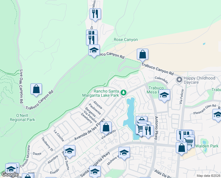 map of restaurants, bars, coffee shops, grocery stores, and more near 176a El Camino Montana in Rancho Santa Margarita