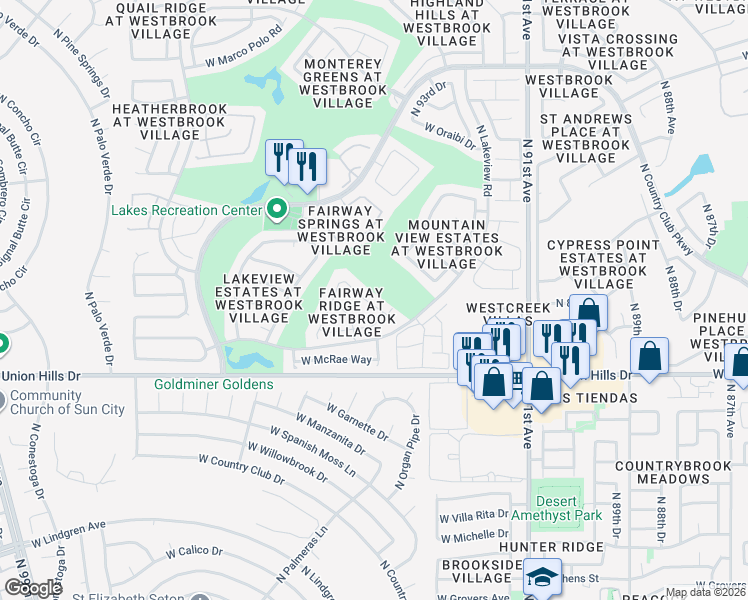 map of restaurants, bars, coffee shops, grocery stores, and more near 18813 North 94th Avenue in Peoria