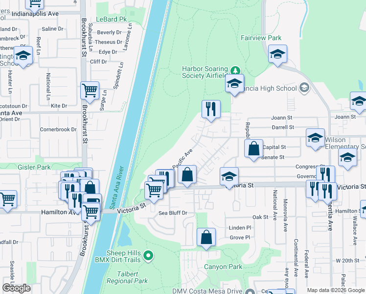 map of restaurants, bars, coffee shops, grocery stores, and more near 2225 Pacific Avenue in Costa Mesa