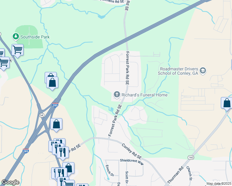 map of restaurants, bars, coffee shops, grocery stores, and more near 3627 Forrest Park Road Southeast in Atlanta