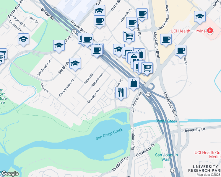 map of restaurants, bars, coffee shops, grocery stores, and more near 68 Baycrest Court in Newport Beach