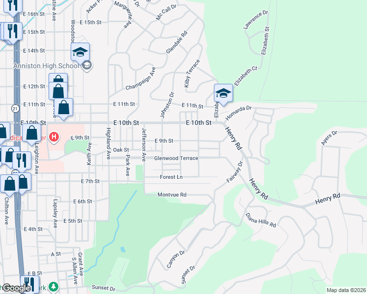 map of restaurants, bars, coffee shops, grocery stores, and more near 817 Lockwood Avenue in Anniston