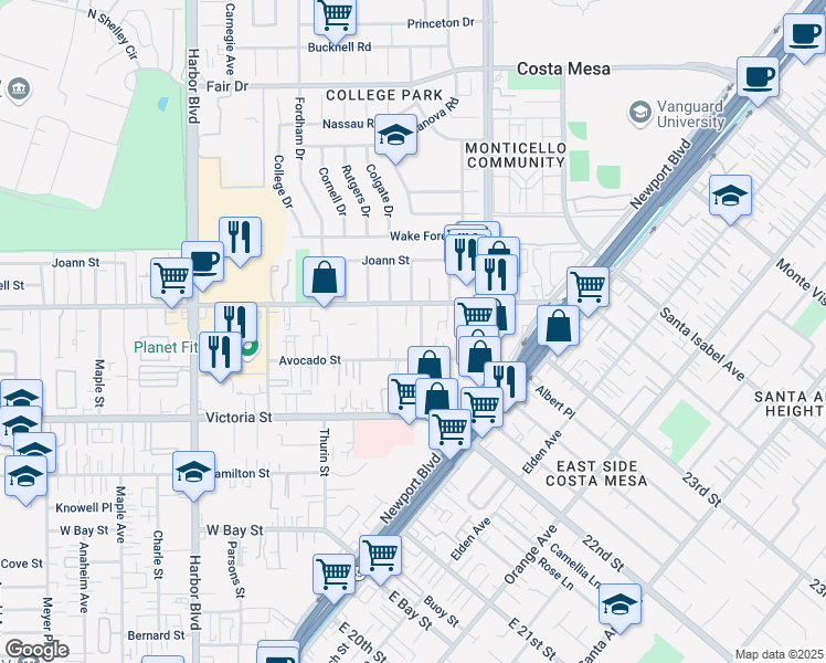 map of restaurants, bars, coffee shops, grocery stores, and more near 2233 Avalon Street in Costa Mesa