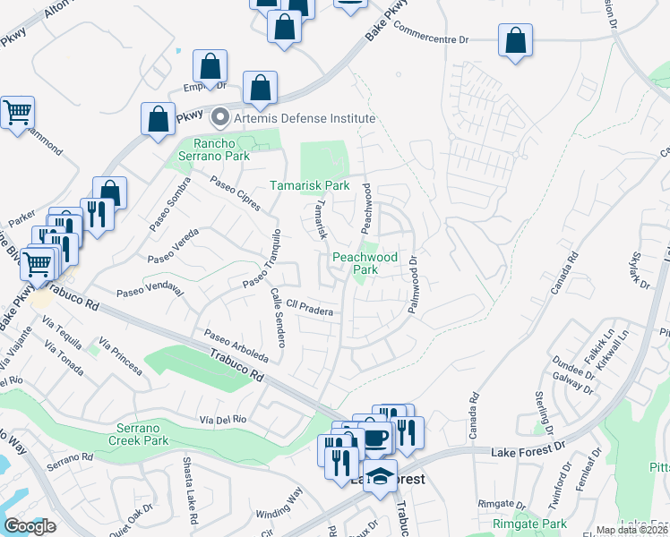 map of restaurants, bars, coffee shops, grocery stores, and more near 25302 Vista Linda in Lake Forest