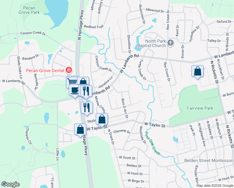 map of restaurants, bars, coffee shops, grocery stores, and more near 1800 Alpine Drive in Sherman