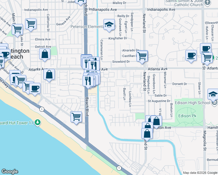 map of restaurants, bars, coffee shops, grocery stores, and more near 21142 Surfwood Lane in Huntington Beach